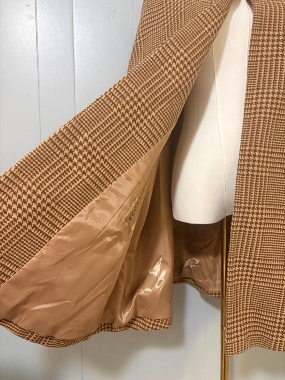 Lauren Ralph Lauren Wool Blend Cape Coat M/L Camel Cognac Check Heritage Autumn - Picture 10 of 16